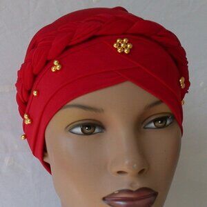 Women's Instant Turban Hijab Braid Chemo Cap Muslim Headcover Red Bonnet